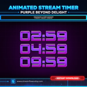 Op de afbeelding: Een digitale grafiek voor een streamtimer, met een paars en blauw kleurenschema. De timer toont drie verschillende aftellingen: 2:59, 4:59 en 9:59. De tekst "ANIMATED STREAM TIMER" en "PURPLE BEYOND DELIGHT" staan bovenaan.