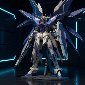 May include: A detailed model robot, predominantly blue, white, and grey. It features large, stylized wings and is equipped with a shield and a long weapon. The robot stands on a grey platform against a dark backdrop with neon blue accents.