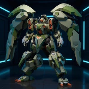 Op de afbeelding: Een gedetailleerd, gearticuleerd robotmodel in groen, bruin en oranje tinten. De robot heeft grote vleugelachtige structuren op zijn rug en staat met gespreide benen. De achtergrond is een donkerblauwe futuristische setting.