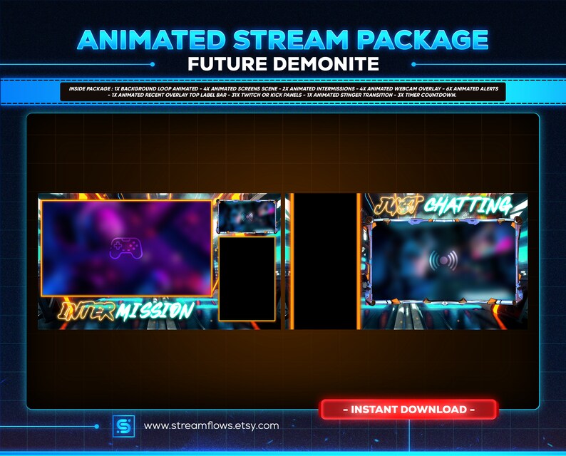 Kick Visuals Futuristic Neon Nimated Twitch - Kick - Youtube Stream Overlay Pack for ...