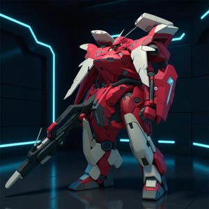 Può includere: Un robot rosso e bianco con una grande arma, ambientato in un ambiente futuristico. Il robot presenta un design dettagliato con angoli acuti e uno scudo sul braccio destro. Lo sfondo è scuro con luci al neon blu.