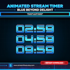 Könnte beinhalten: Animierter Stream-Timer-Countdown-Grafik mit einem blauen und schwarzen Farbschema. Der Timer zeigt drei verschiedene Zeiten an: 02:59, 04:59 und 09:59. Der Text "Blue Beyond Delight" und "Sofort-Download" ist ebenfalls sichtbar.