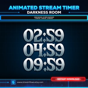 3x Blue darkness Room animated stream timer countdown for twitch,kick,youtube | complete stream graphic | clean - dark - cyberpunk.
