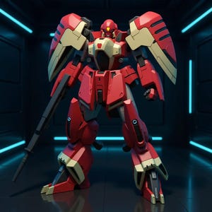 May include: A red and beige mecha robot with a large gun, set in a futuristic environment. The robot features substantial shoulder armour and intricate detailing. The background is dark with blue neon lighting.