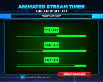 Op de afbeelding: Geanimeerde streamtimer-countdown met groen digitaal display en zwarte voortgangsbalken. De timer geeft 09:07, 04:13 en 02:13 weer. De tekst "INSTANT DOWNLOAD" wordt in rood weergegeven.