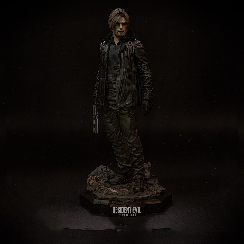 May include: A detailed figurine of a man in a black leather jacket and pants, holding a gun. The figure stands on a rocky base with the text "RESIDENT EVIL requiem". The overall color palette is dark, with a focus on texture and detail.
