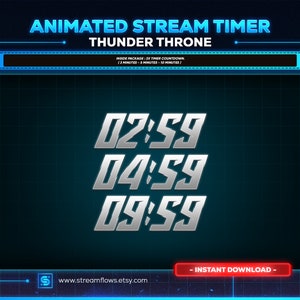Op de afbeelding: Een geanimeerde streamtimer getiteld "Thunder Throne" met drie aftelopties: 2:59, 4:59 en 9:59. Het ontwerp heeft een blauwe en zwarte achtergrond met een rasterpatroon en zilveren tekst. De woorden "Instant Download" staan in een rode doos.