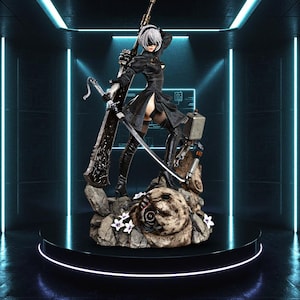 2B Nier Automata - Fanart 3D STL Print File Statue | Android Heroine with Katana & Mecha Base | 1/4 1/9 1/12 Scale Supported STL Download