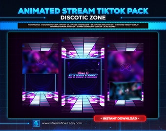 May include: Animated TikTok pack for streamers with a retro-futuristic theme. The pack includes a background loop, animated screens, overlays, and a stinger transition. The text "Stream is Starting" is displayed in a neon font.