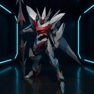 May include: A detailed, futuristic robot warrior figure, primarily white with red and black accents. The robot is holding a spear-like weapon and is posed in a dynamic stance. The background is a dark, futuristic setting with neon blue lighting.