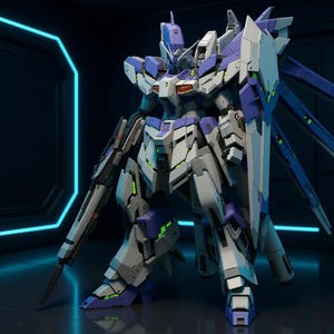 May include: A detailed model of a futuristic robot, primarily white, gray, and purple, with green accent lights. The robot is armed with a large rifle and a shield. The design is intricate, with multiple panels and articulated joints, suggesting a high level of detail.