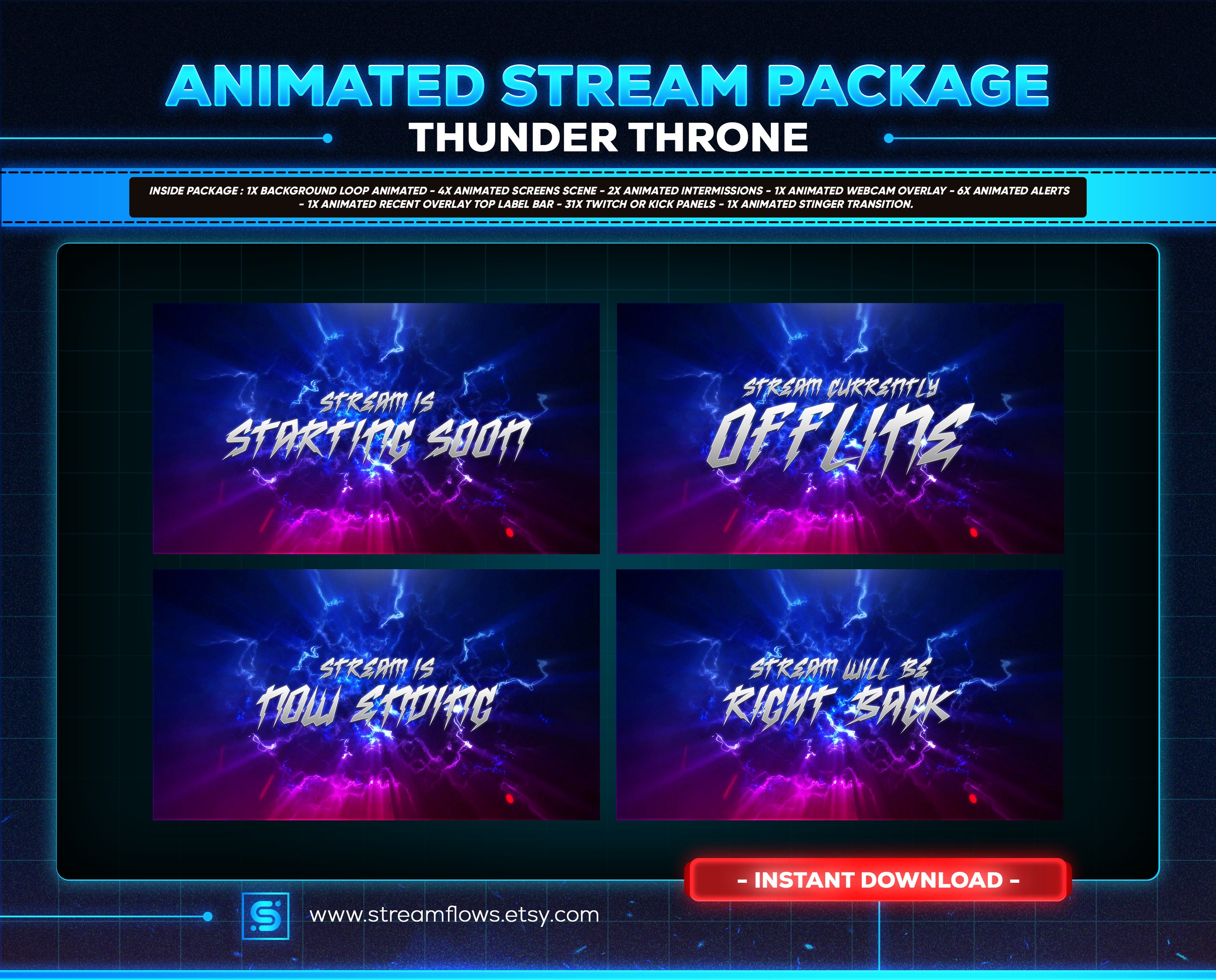Thunder Throne Animated Twitch - Kick - Youtube Stream Overlay Pack for ...