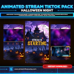 Peut inclure: Pack de diffusion animé Halloween pour TikTok avec un fond violet et noir, une maison hantée, une pleine lune et un cimetière avec des citrouilles. Le texte "STREAM IS STARTING" est affiché en lettres jaunes.