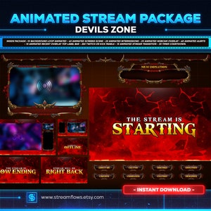 Package animé de superpositions de flux RED Devils Zone pour Twitch, Kick, Youtube, OBS, Streamlabs | Style fantastique démoniaque | Pack de diffusion complet.