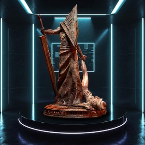 May include: A detailed statue of a figure with a pyramid-shaped head, holding a large sword and a smaller figure. The statue is brown with a textured surface, set on a black pedestal with a glowing white edge. The background is dark with blue neon lights.