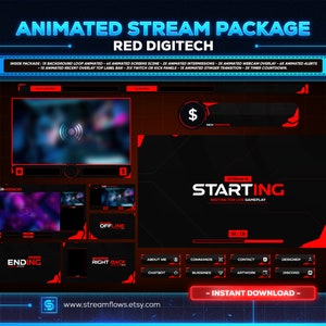 Sobreposições de transmissão animadas em RED NEON para Twitch, OBS, Streamlabs e YouTube | Pacote completo Red Digitech: telas, alertas, painéis, webcam, Stinger