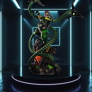 May include: A detailed statue of Doctor Octopus, a comic book villain, in a dynamic pose. The figure is predominantly green and black, with four mechanical tentacles extending from his back. The statue is on a round, illuminated platform.