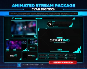 アニメーション化されたシアンネオンストリームオーバーレイパック：未来的なTwitch / Kick / YouTubeグラフィック