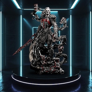 May include: A detailed statue of a character with white hair, wearing a black and red costume, and holding a red sword. The figure is surrounded by black tendrils with multiple faces, standing on a black pedestal.