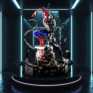 May include: A detailed figurine depicting a hybrid character split between a red and blue spider-patterned suit and a glossy black symbiote form. The figure stands on a weathered brick base with black tendrils extending outward in a dynamic pose.