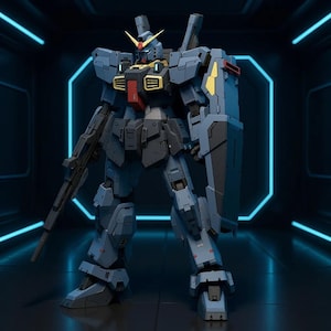 May include: A blue and dark gray robot action figure featuring a yellow V-fin antenna on its head, a red chest plate, and yellow vents. The figure holds a long rifle in its right hand and carries a large shield on its left arm.
