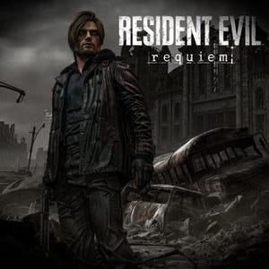 May include: A digital illustration features a man in a black leather jacket and pants, holding a gun. The text "RESIDENT EVIL requiem" is displayed above him. The background shows a destroyed city with a bus and cars.