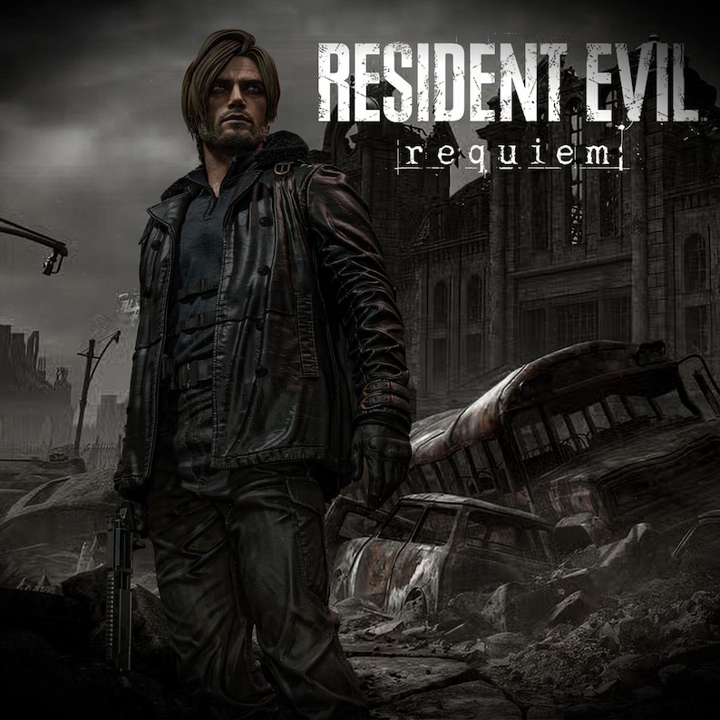 May include: A digital illustration features a man in a black leather jacket and pants, holding a gun. The text "RESIDENT EVIL requiem" is displayed above him. The background shows a destroyed city with a bus and cars.