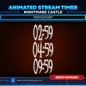 Könnte beinhalten: Animierter Stream-Timer-Countdown-Grafik mit weißer Schrift auf rotem Hintergrund. Der Timer zeigt drei verschiedene Zeiten an: 02:59, 04:59 und 09:59. Der Text "Nightmare Castle" wird über dem Timer angezeigt.