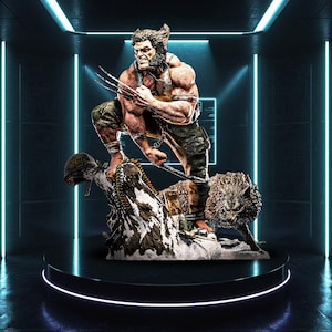 May include: A detailed statue of Wolverine, a Marvel Comics character, with his claws extended. The figure is posed atop a detailed base featuring a wolf and a soldier's helmet. The statue is displayed on a black, circular pedestal with neon blue lighting.