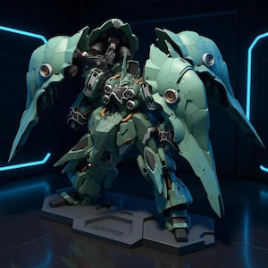 May include: A detailed green and black robot model with large wing-like structures. The model is posed on a grey base, showcasing intricate mechanical details and a futuristic design. The robot's colour scheme includes shades of green and black, with metallic accents.