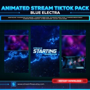 pacote de sobreposições de transmissão ao vivo animadas do TikTok da Blue Electra | telas, webcams, transição | design vertical - limpo - cyberpunk.