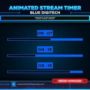 3x Blue Digitech animated stream timer countdown for twitch,kick,youtube | complete stream graphic | clean - dark - cyberpunk.