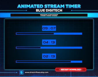 Op de afbeelding: Geanimeerde streamtimer-countdown-afbeelding met een blauw en zwart kleurenschema. De timer toont drie verschillende countdown-tijden: 09:07, 04:13 en 02:13. De tekst "INSTANT DOWNLOAD" wordt onderaan de afbeelding weergegeven.