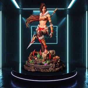 May include: A detailed statue of a female warrior, posed on a circular platform. She wears a brown and orange outfit with fur accents, holding a spear and a blade. The statue is set against a dark background with neon blue lighting.