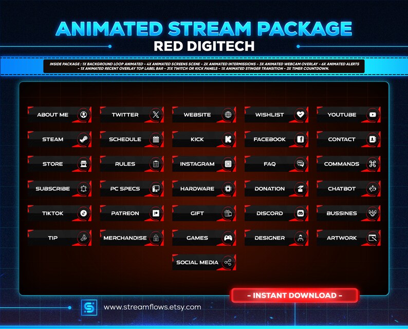 Stream Alert Visuals Animated Red Tech Stream Overlay Package: Twitch, Youtube, Kick ...