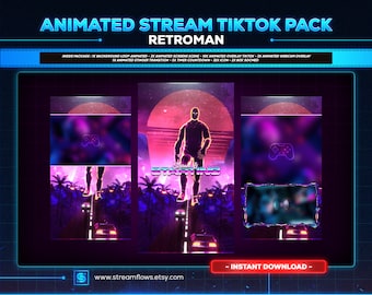 May include: Animated stream and TikTok pack with a retro theme. The pack includes a background loop, screen scenes, overlays, stingers, and a timer countdown. The image shows a character standing on a platform with a sunset background and palm trees.