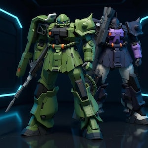 May include: Two detailed robot action figures. One is a vibrant green with black and orange accents, holding a rifle. The other is a dark purple and black colour scheme. Both figures are standing in a futuristic setting.