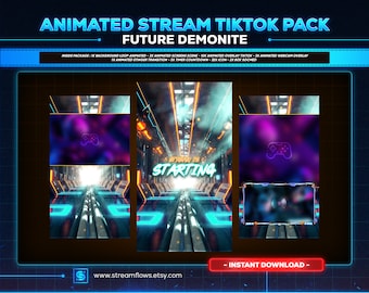 May include: A digital art pack for Twitch and TikTok streamers featuring a futuristic neon design with a blue and orange color scheme. The pack includes animated backgrounds, overlays, and transitions. The text "STARTING" is displayed in the center of the image.