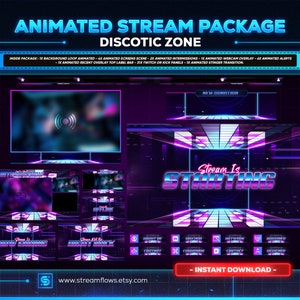 Discotic Zone – Animated Retro Neon Stream Overlay Pack | Twitch, OBS, Kick Scenes, Alerts & Stinger Panels Complete Stream Package Download