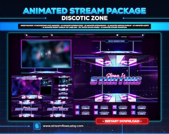 アニメーション レトロ ネオン ストリーム オーバーレイ パッケージ: Twitch、OBS、Kick (デジタル ダウンロード)