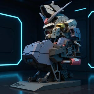 May include: A detailed model of a robot's head and upper body, featuring a complex design with various geometric shapes and mechanical components. The color palette includes shades of gray, white, yellow, and red. The model is mounted on a gray base.