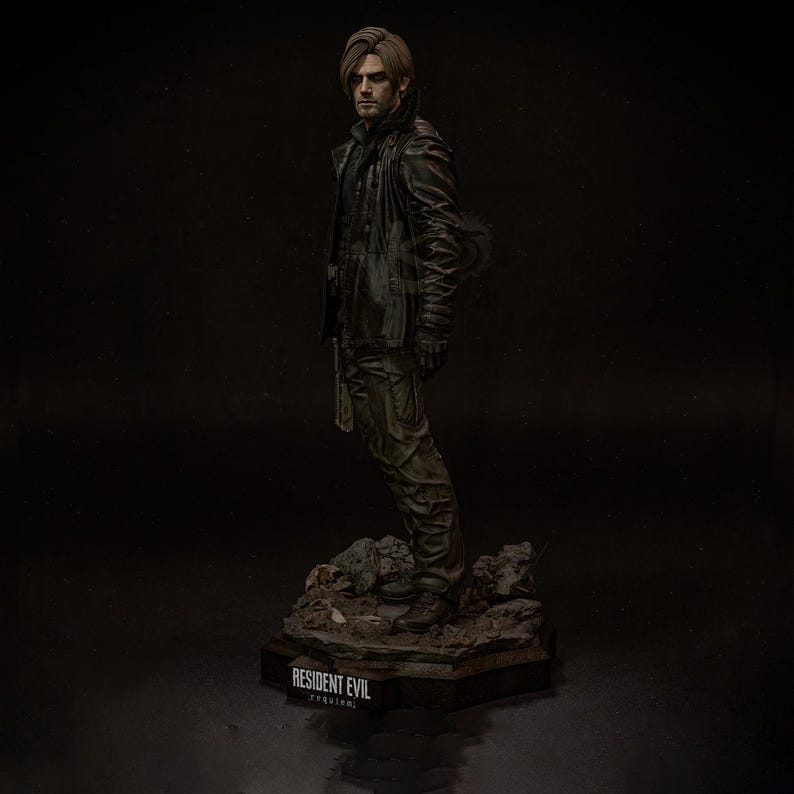May include: A detailed figurine of a character from the Resident Evil franchise. The figure is dressed in a black leather jacket and pants, standing on a detailed base. The figure is approximately 12 inches tall.