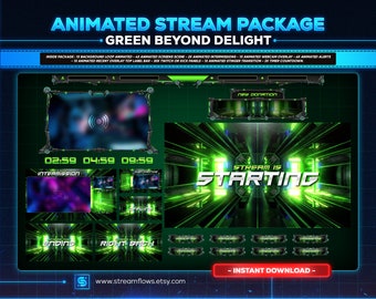 アニメーション化されたネオングリーンのストリームオーバーレイパッケージ：未来的なTwitch、YouTube、Kick（即時ダウンロード）