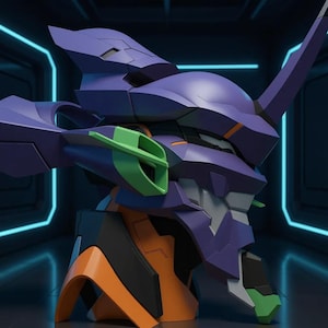 May include: A detailed, stylized bust of a purple and black mecha head with green and orange accents. The head features sharp angles and a prominent horn, set against a dark, futuristic background with neon blue lighting.