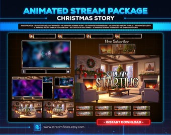 May include: Animated stream package with a Christmas Story theme. The package includes animated screens, webcam overlays, alerts, and a stinger transition. The design features a cozy living room with a fireplace and Christmas decorations. Text includes "Stream Starting" and "Instant Download".