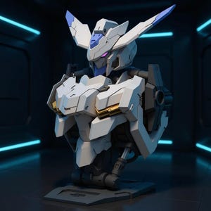 May include: A detailed bust of a white and blue mecha robot with gold accents. The robot has a complex design with angular shapes and is mounted on a dark gray base. The background is a dark blue with neon blue lines.