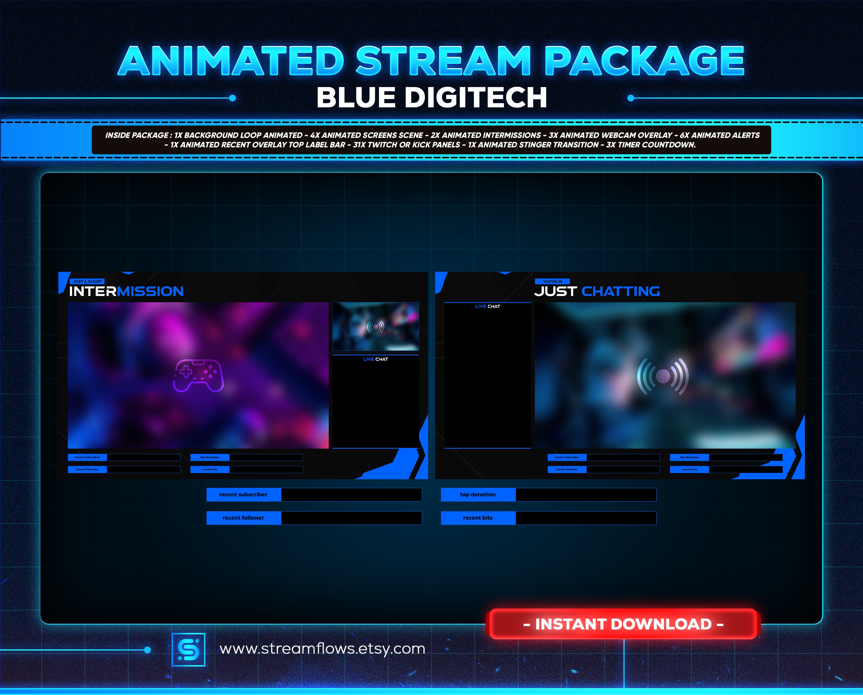 アニメーションBlue Techストリームオーバーレイパッケージ：Twitch、YouTube、OBS - Etsy 日本