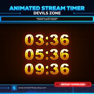 May include: Animated stream timer graphic with the text "ANIMATED STREAM TIMER DEVILS ZONE." The timer displays three different countdowns: 03:36, 05:36, and 09:36, in a gold, textured font. The graphic includes the text "INSTANT DOWNLOAD."