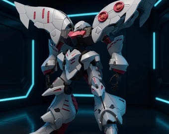 May include: A detailed model of a white and red mecha robot with large wing-like structures. The robot has a complex design with multiple articulated joints and red accents. It stands in a futuristic, dark environment with blue neon lights.