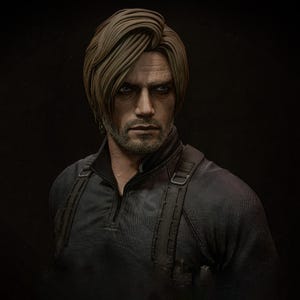 May include: A detailed bust of a man with light brown hair and a short beard. He wears a black shirt with a high collar and suspender-like straps. The background is a dark, solid color.